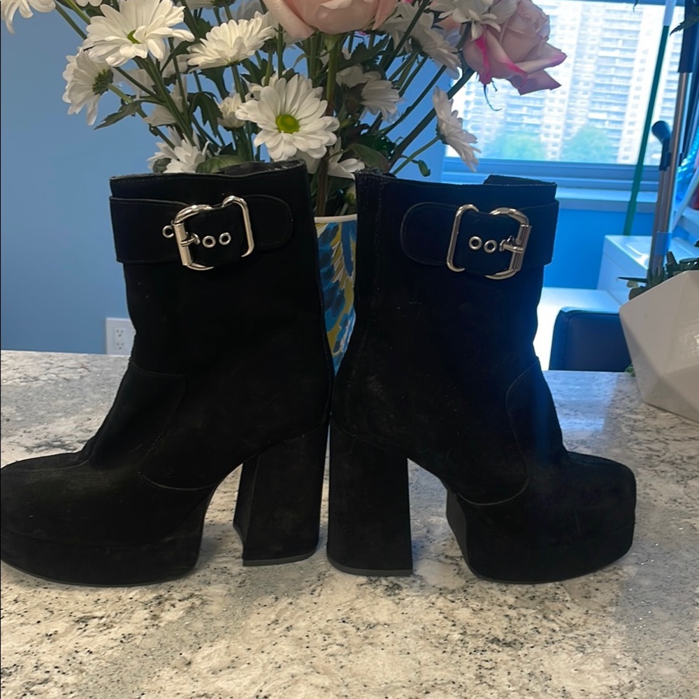 Jeffrey Campbell Black Suede Heeled Boots with Silver Buckle